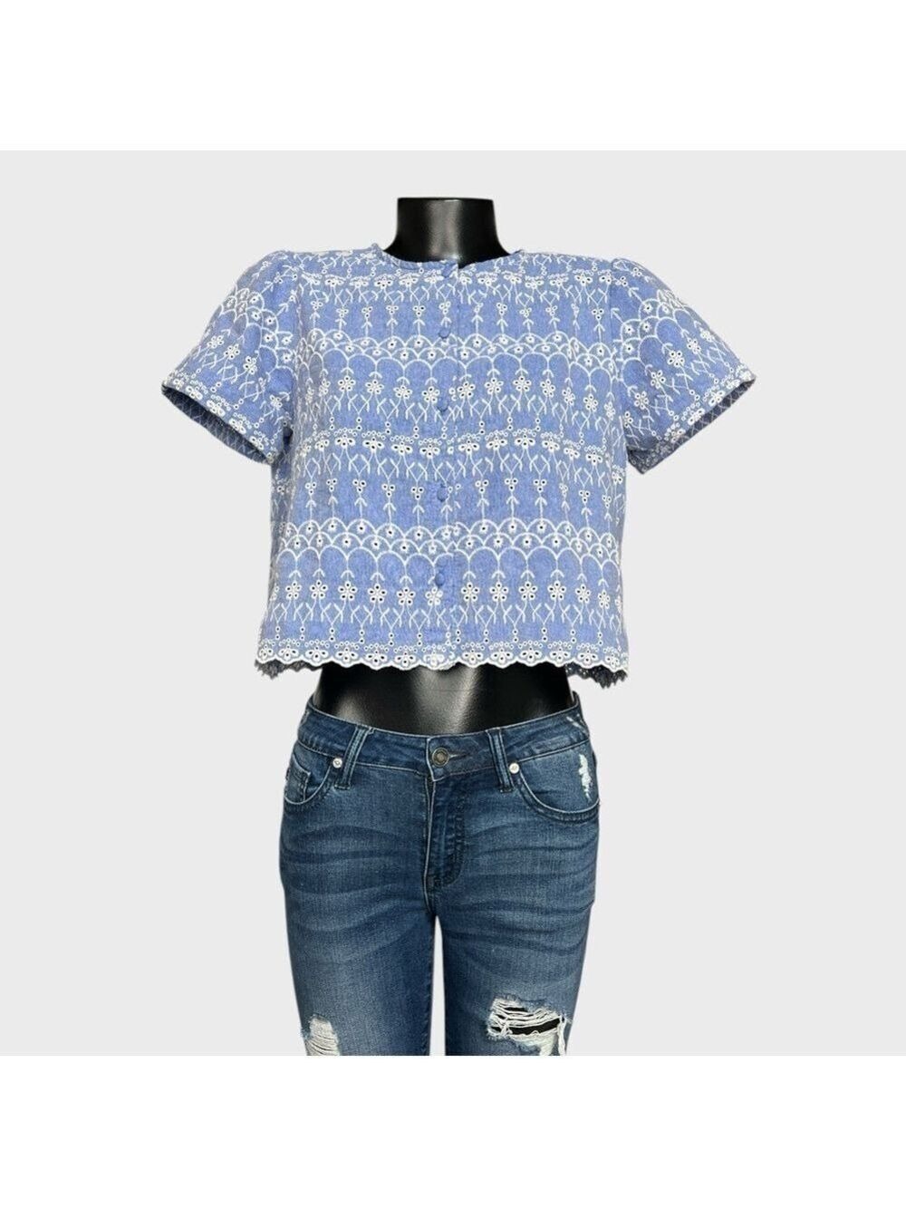 Zara NEW Floral Embroidered Blue White Crop Top Medium Feminine Cottagecore Boho